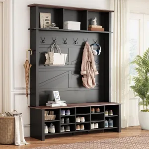 Polibi Farmhouse Hall Tree, Entryway Coat Rack with 6 Metal Hooks, 16 Storage Shelves, Bench Seat, Wooden Rustic Shoe Organizer for Living Room, Hallway, Mudroom, Black