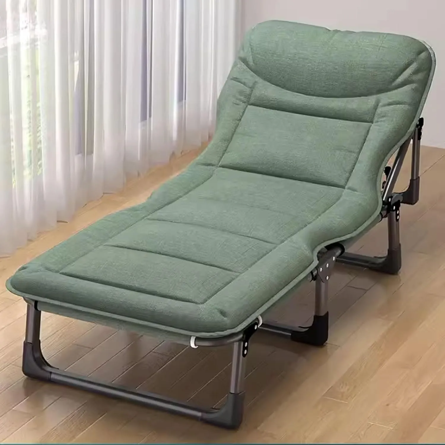 Portable Bed for Adults Queen Size Camping Cot Four-Position Adjustable Backrest 3D Headrest Folding Bed Made of Metal for Home Nap Beach Travel(Green)