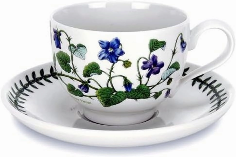 Portmeirion Botanical Garden Tea Cup and Saucer, Set of 6 Assorted Motifs, set, Blue, White