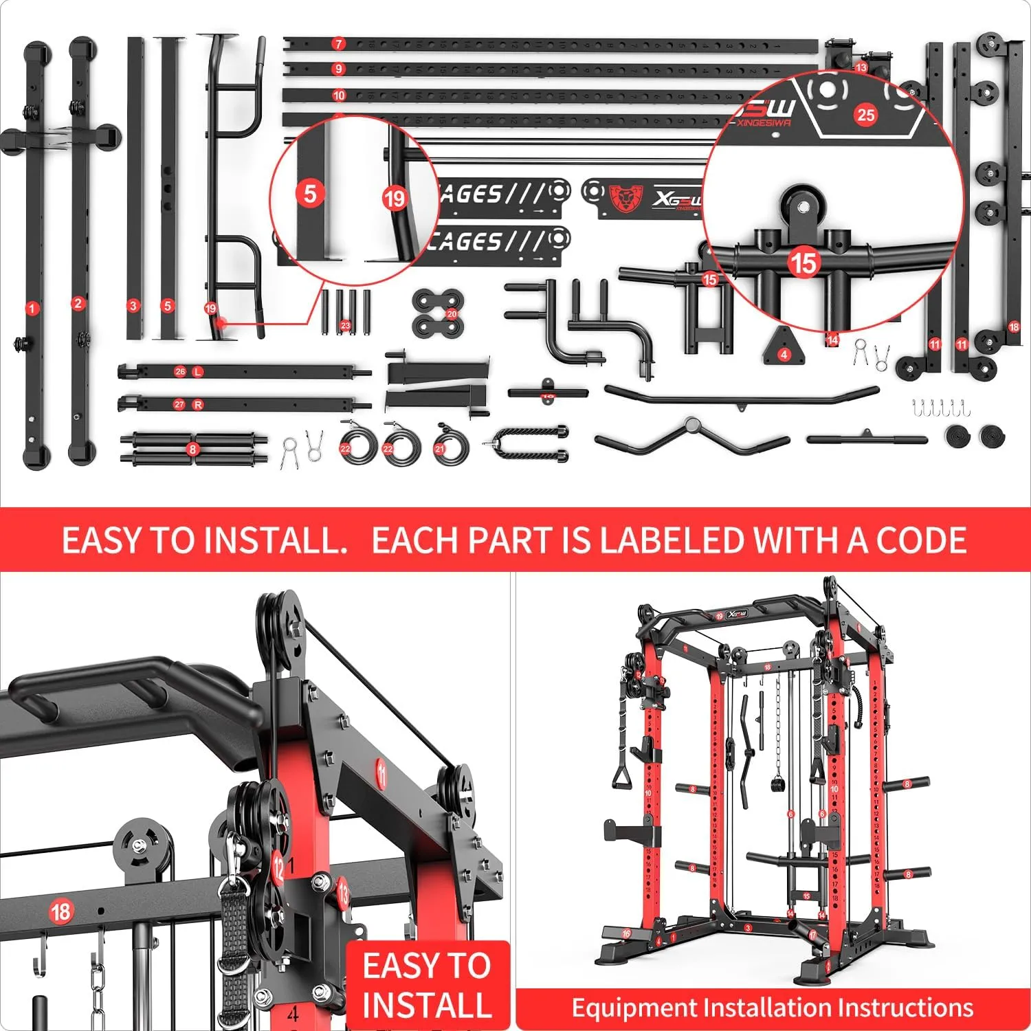 Power Cage Multi-Function Power Rack with Cable Crossover System,1800 LBS Capacity Squat Rack with Weight Bench,for Home Gym