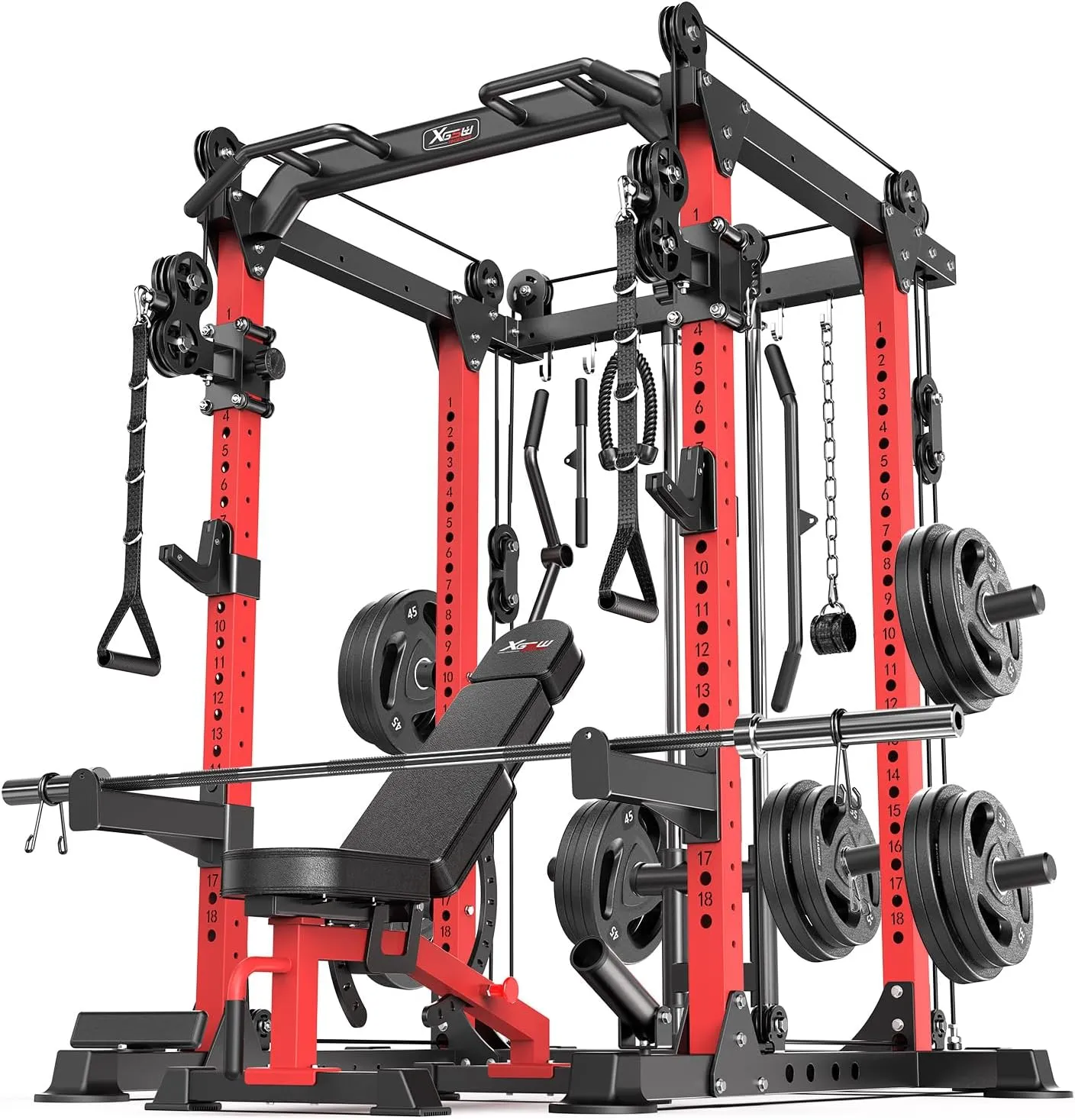 Power Cage Multi-Function Power Rack with Cable Crossover System,1800 LBS Capacity Squat Rack with Weight Bench,for Home Gym