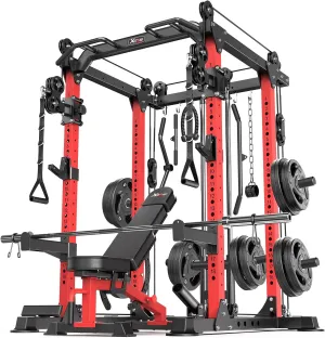 Power Cage Multi-Function Power Rack with Cable Crossover System,1800 LBS Capacity Squat Rack with Weight Bench,for Home Gym