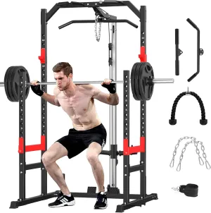 Power Cage, Multi-Function Power Rack with Pulley System Strength Training for Home Gym, Bench Press Squat LAT Pull-Down Pull-up Rowing, All in One Workout Cage