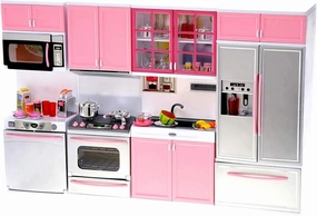 PowerTRC Doll Kitchen Play Set, Mini Modern Toy Pink Kitchen Pretend Play Furnitures Toy Set Accessories Set with Realistic Light & Sound for Kids Toddlers Girls (4-in-1)