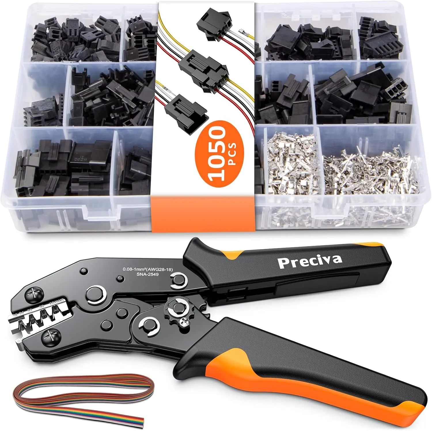 Preciva Crimping Tool Connector kit, 1050Pcs JST-SM Connectors Set, AWG28-18/0.08-1mm² Ratcheting Crimper Tool for Dupont, Molex, ATX, JST Series