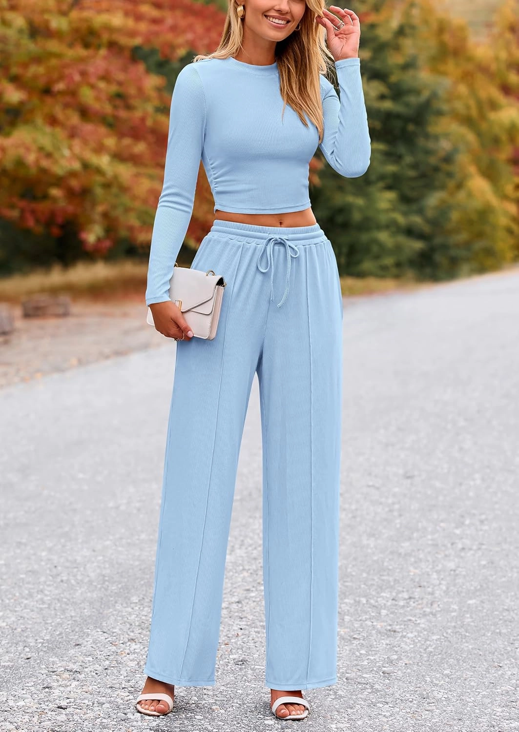 PRETTYGARDEN Women's 2 Piece Loungewear Long Sleeve Crop Top Wide Leg Palazzo Pants Set Tracksuits Casual Outfit