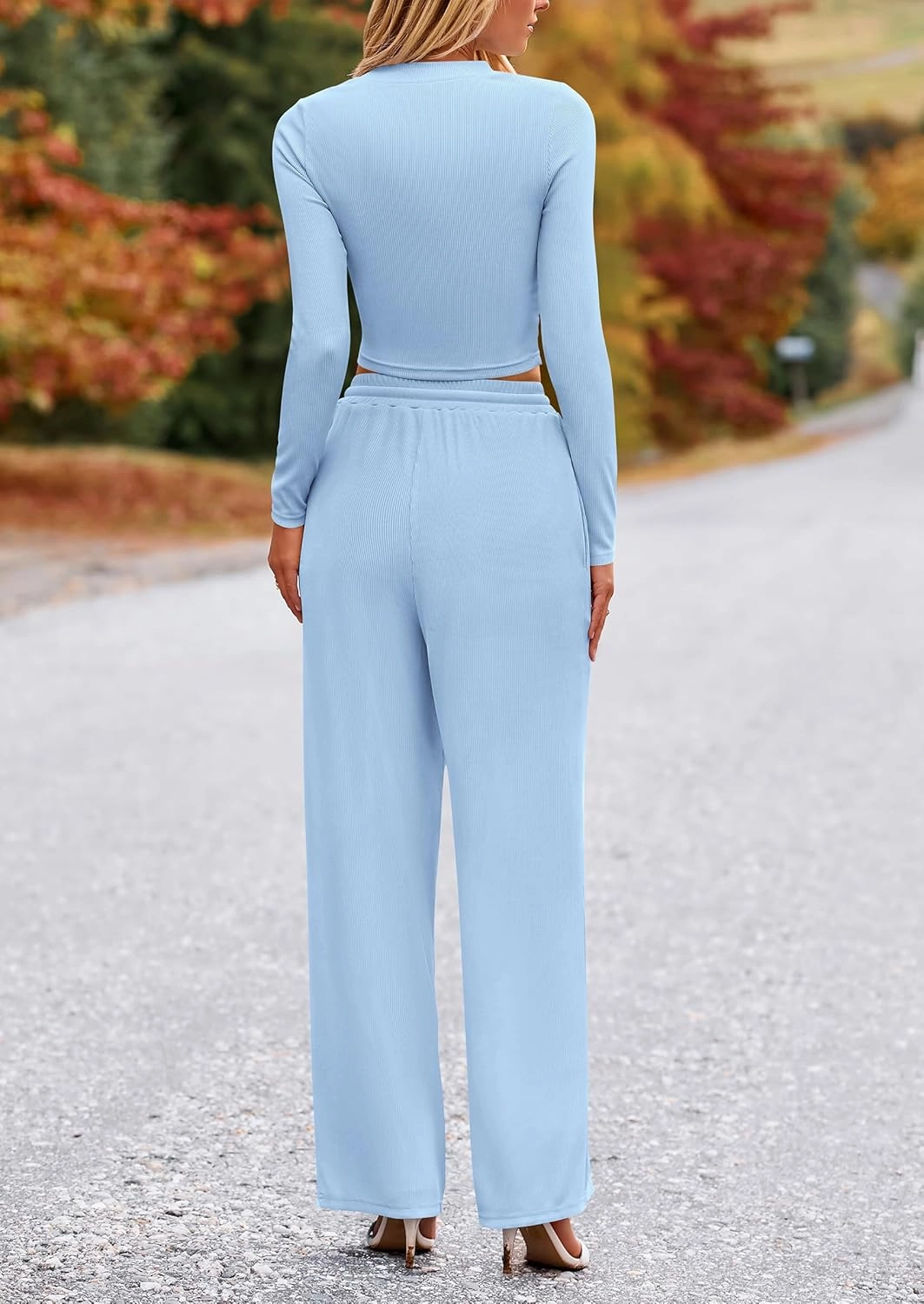 PRETTYGARDEN Women's 2 Piece Loungewear Long Sleeve Crop Top Wide Leg Palazzo Pants Set Tracksuits Casual Outfit