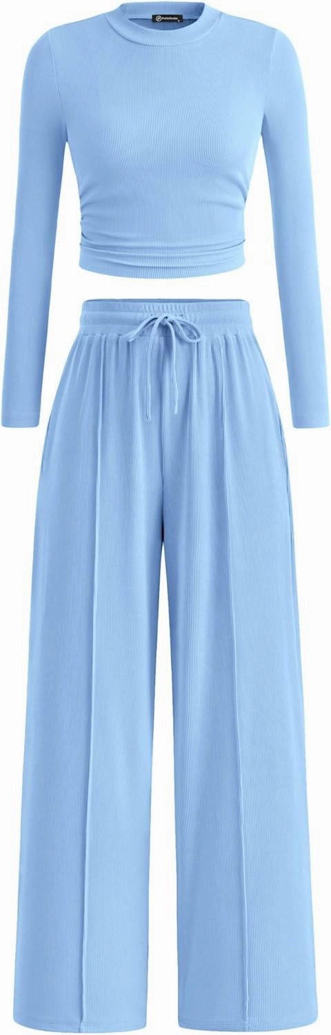 PRETTYGARDEN Women's 2 Piece Loungewear Long Sleeve Crop Top Wide Leg Palazzo Pants Set Tracksuits Casual Outfit