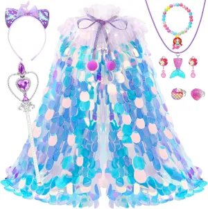Princess Dress Up for Girls 4-6, Mermaid Toddler Toys for Ages 3-8, 8 Pcs Shiny Sequin Princess Cape Set Kids Toys for Easter Halloween Birthday Christmas Gifts Party Favors