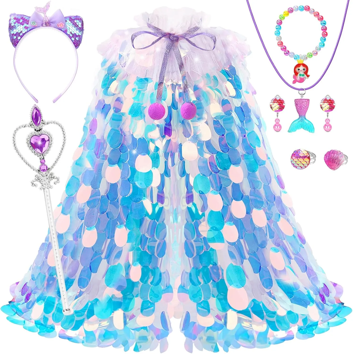 Princess Dress Up for Girls 4-6, Mermaid Toddler Toys for Ages 3-8, 8 Pcs Shiny Sequin Princess Cape Set Kids Toys for Easter Halloween Birthday Christmas Gifts Party Favors