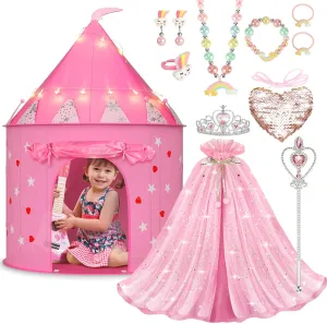 Princess Tent with 13PCS Dress Up for Girls, Castle Playhouse with Star Lights for Kids Indoor and Outdoor Games (Pink)