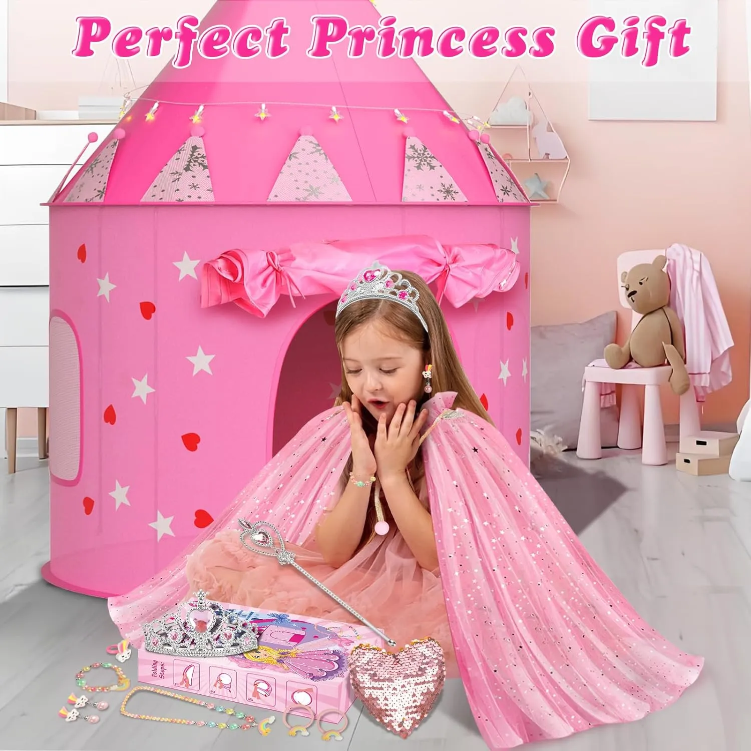 Princess Tent with 13PCS Dress Up for Girls, Castle Playhouse with Star Lights for Kids Indoor and Outdoor Games (Pink)