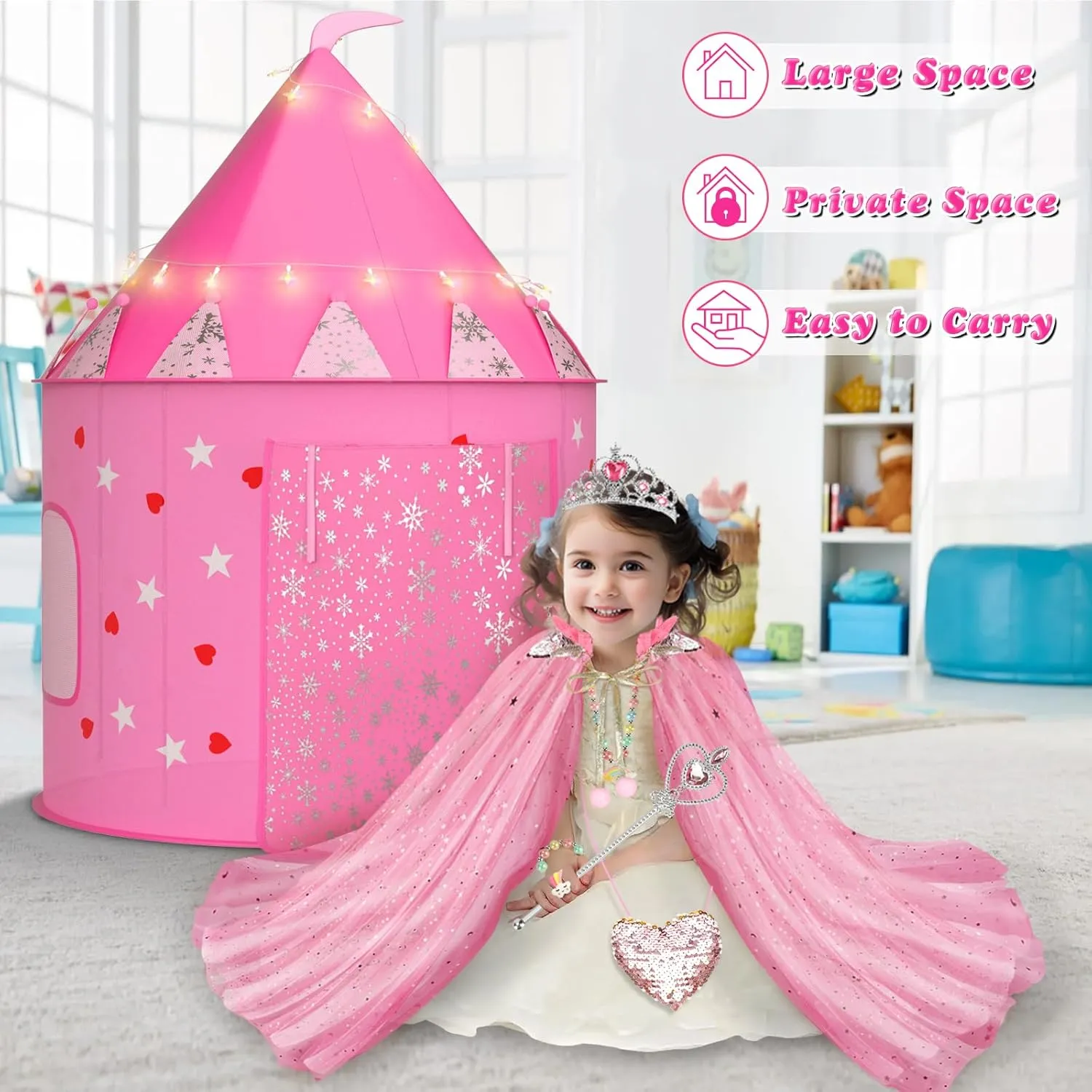 Princess Tent with 13PCS Dress Up for Girls, Castle Playhouse with Star Lights for Kids Indoor and Outdoor Games (Pink)