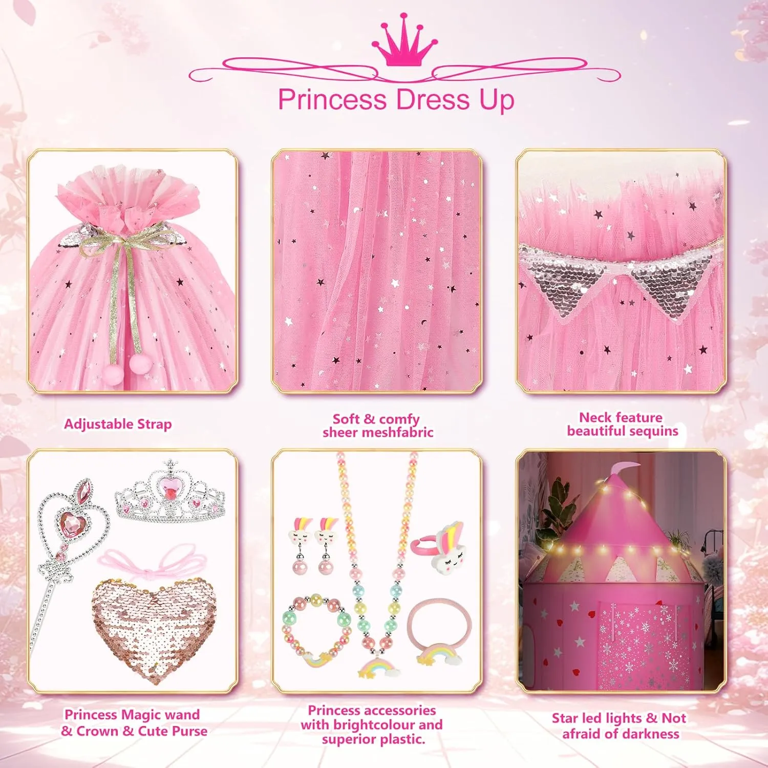 Princess Tent with 13PCS Dress Up for Girls, Castle Playhouse with Star Lights for Kids Indoor and Outdoor Games (Pink)