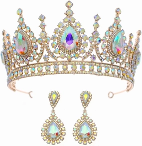 PRINCESS BRIDE Women Jewelry Set Tiara Set with Earrings Gothic Iridescent Rhinestone Bridesmaid Jewelry Set for Wedding Costume Hair Accessories (A2)