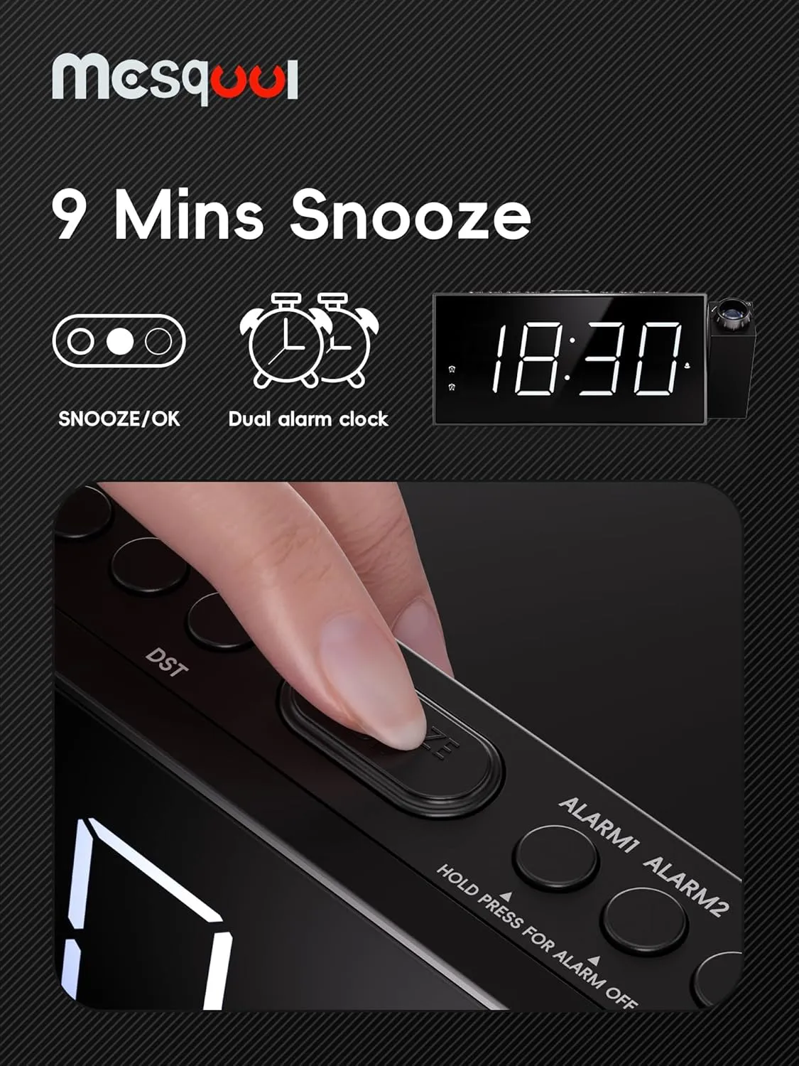Projection Digital Alarm Clock with Bed Shaker for Bedroom, Extra Loud Alarm Clock for Heavy Sleeper, 180° Rotable Ceiling Projector Clock,2 Alarm,5 Dimmer Volume,USB Charger, Battery Backup,12/24H…