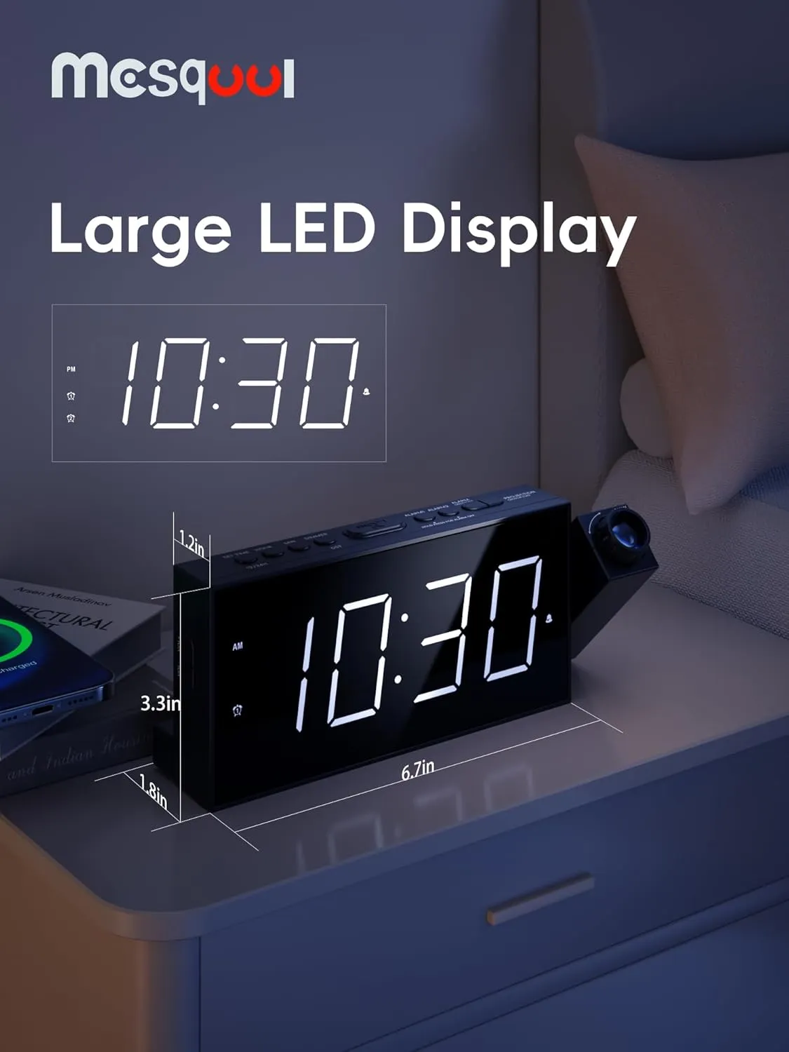 Projection Digital Alarm Clock with Bed Shaker for Bedroom, Extra Loud Alarm Clock for Heavy Sleeper, 180° Rotable Ceiling Projector Clock,2 Alarm,5 Dimmer Volume,USB Charger, Battery Backup,12/24H…