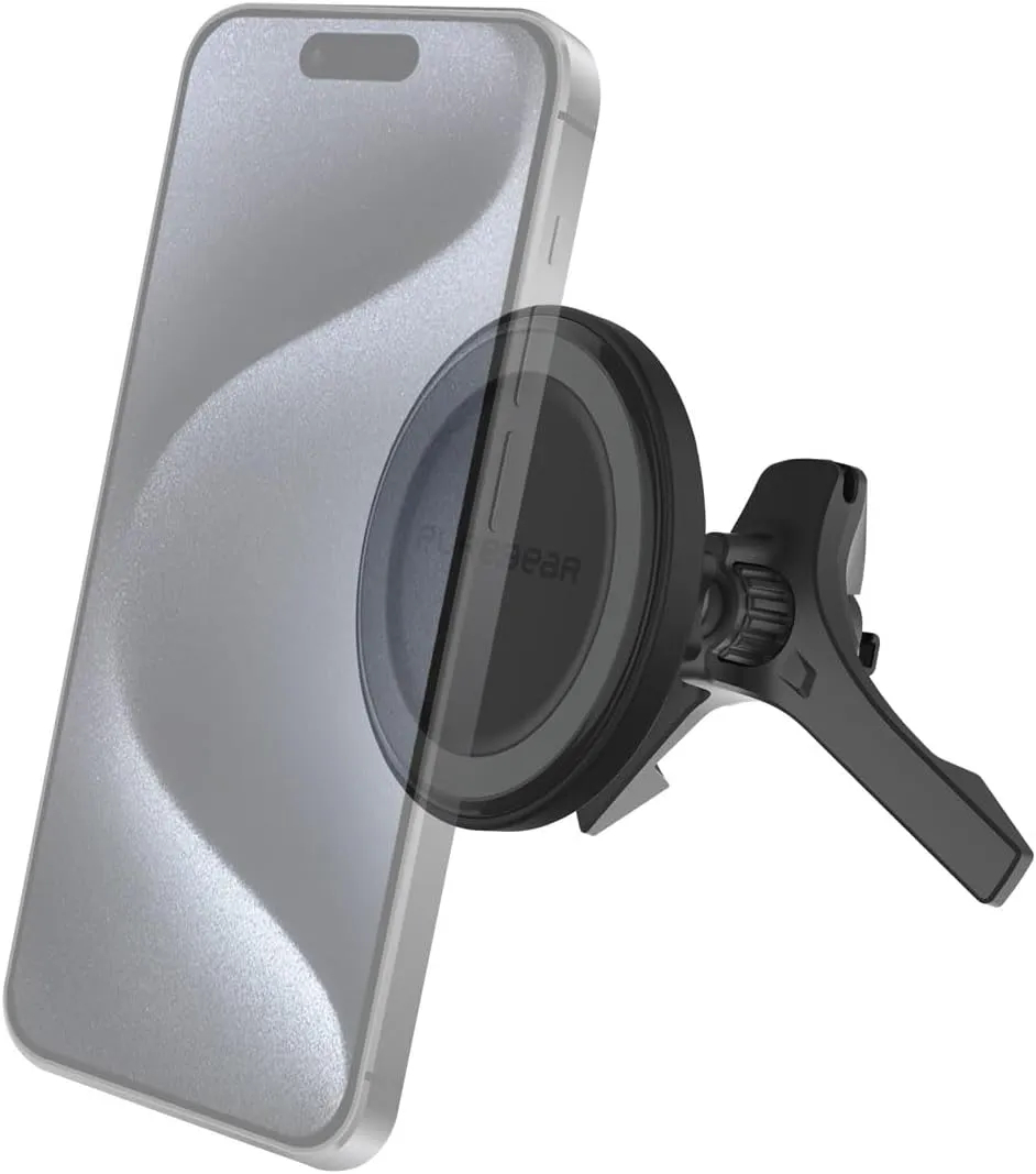 PureGear Qi2 Certified 15W MagSafe Car Mount Charger, Magnetic Wireless Car Charger, Car Phone Holder for iPhone 16/15/14/13/12, Air Vent/Dashboard, Super Fast Charging, Black