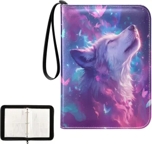 Purple Pink Colorful Wolf Butterfly Card Binder 4 Pocket, Trading Card Holder Fits 400 Game Cards with 50 Removable Sleeves, MTG Card Case Standard Size