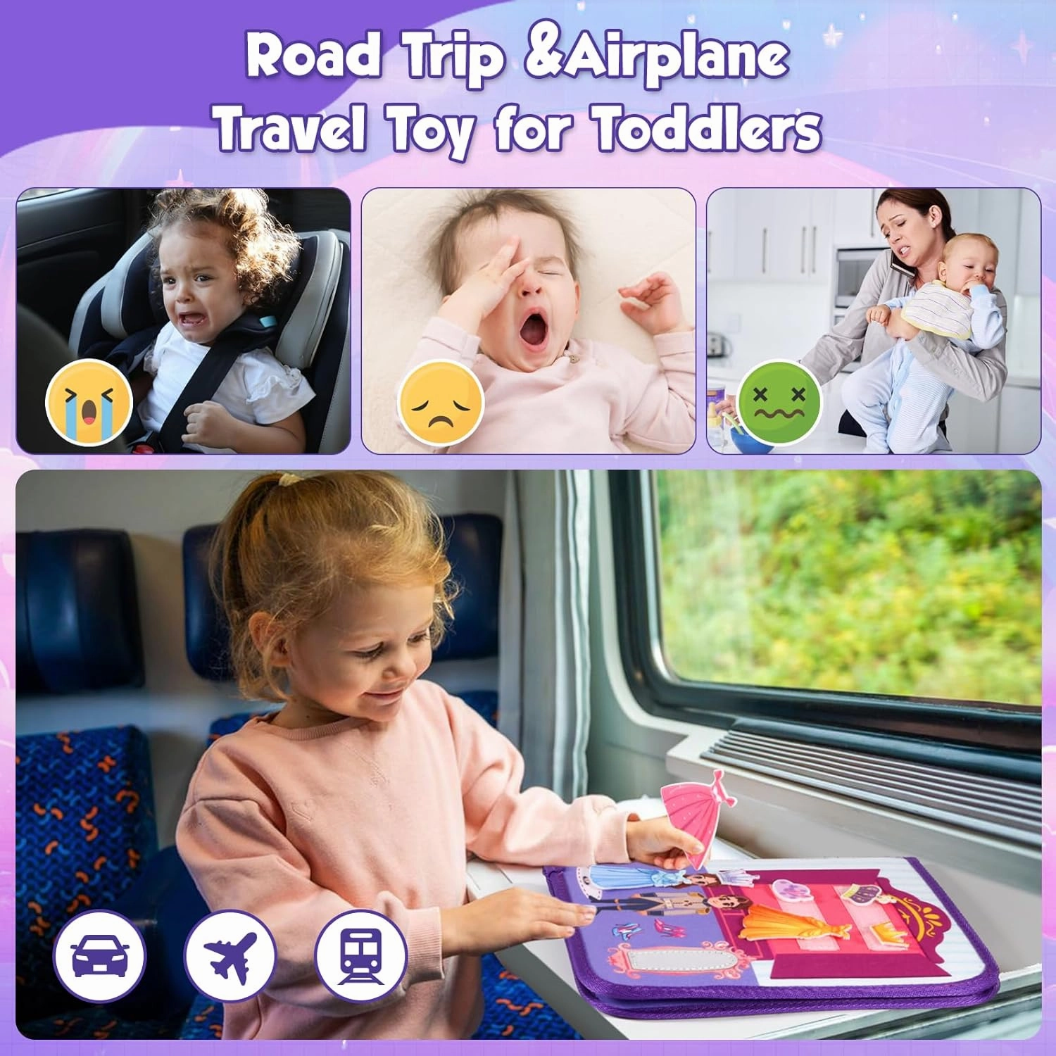 Purple Montessori Busy Board Book for Toddlers 1-3, Montessori Toys for 1-3 Year Old Girl Birthday Gift, Educational Quiet Activity Books for toddlers 2-4 Ages 2-4 Travel Toys for Airplane Car