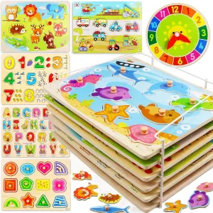 Puzzles for Kids Age 2-4 with Rack and Wooden Clock, 6 Pack Wooden Peg Puzzles for Toddlers with Storage Holder Rack, Educational Toys - Alphabet Number Animal Vehicle Shape