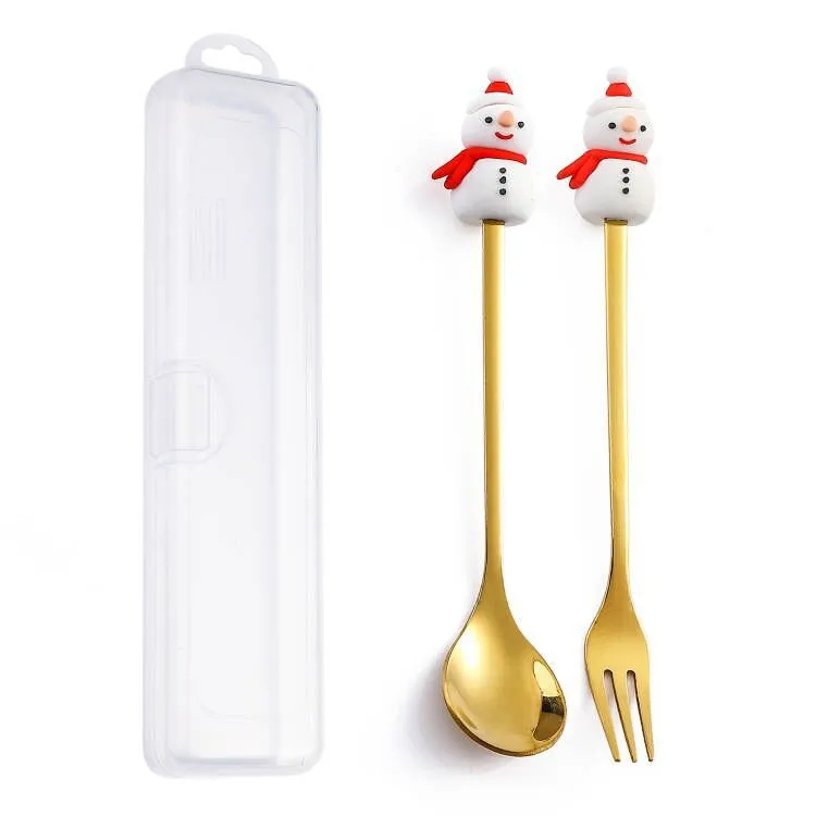 Q Christmas Dessert Spork Set Cute Doll Dessert Spoon Cartoon Tableware Fruit Fork Portable Coffee Spoon