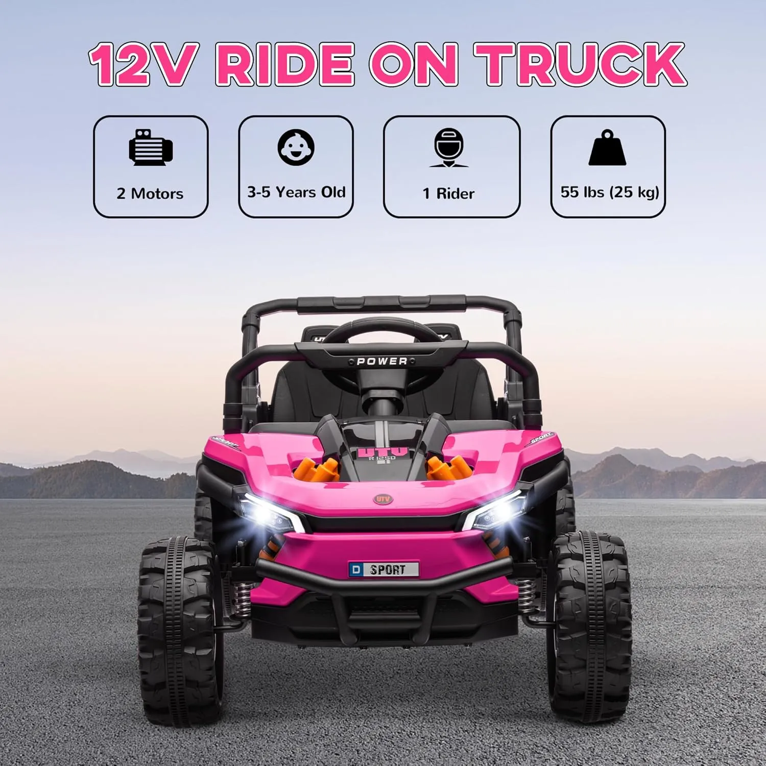 Qaba 12V Kids UTV, Battery Powered Ride on Truck, 3.7 MPH Off-Road Electric Car with Remote Control, 4-Wheel Suspension, LED Headlights, 3 Speeds, Horn & Music, for Boys and Girls, Pink