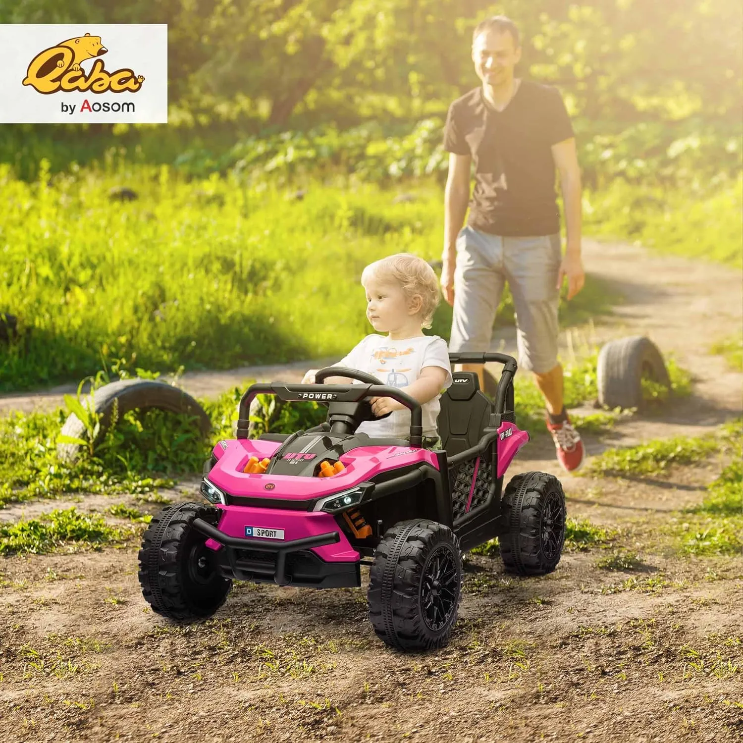 Qaba 12V Kids UTV, Battery Powered Ride on Truck, 3.7 MPH Off-Road Electric Car with Remote Control, 4-Wheel Suspension, LED Headlights, 3 Speeds, Horn & Music, for Boys and Girls, Pink