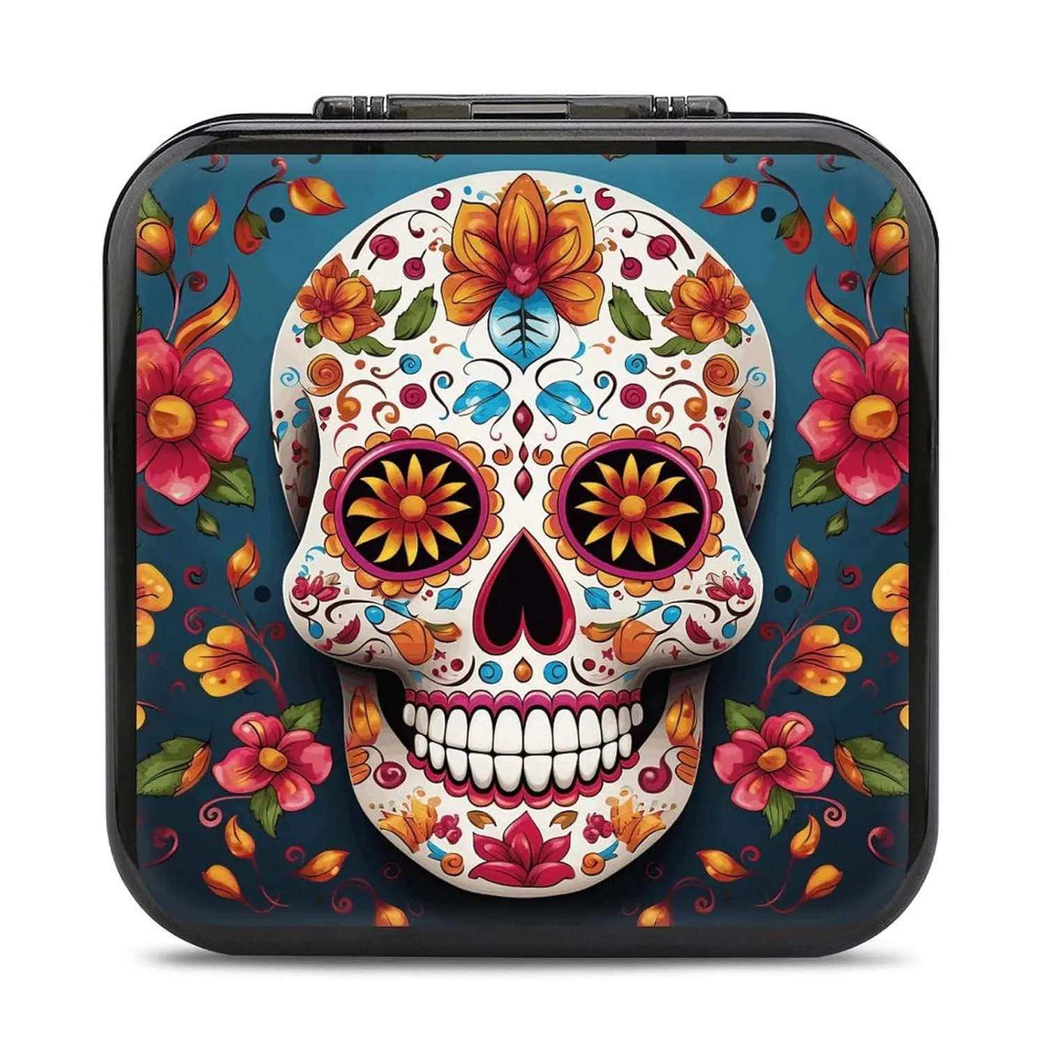 QMNBTES Colorful Sugar Skull Switch Game Case Switch Game Holder Cartridge Case Storage 24 Games & 2 Micro Sd Card Slots, Travel Carry Cases, Portable Games Card Storage, Hard Shell, Buckle Closure