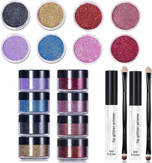QUROXO Kawaii Kisses Glitter Lip Kit, Glitter Lips, Glitter Lip Kit Gloss Set, 4 Color Diamond Glitter Metallic Lipstick Waterproof and Long-Lasting Lipstick Set (A B)