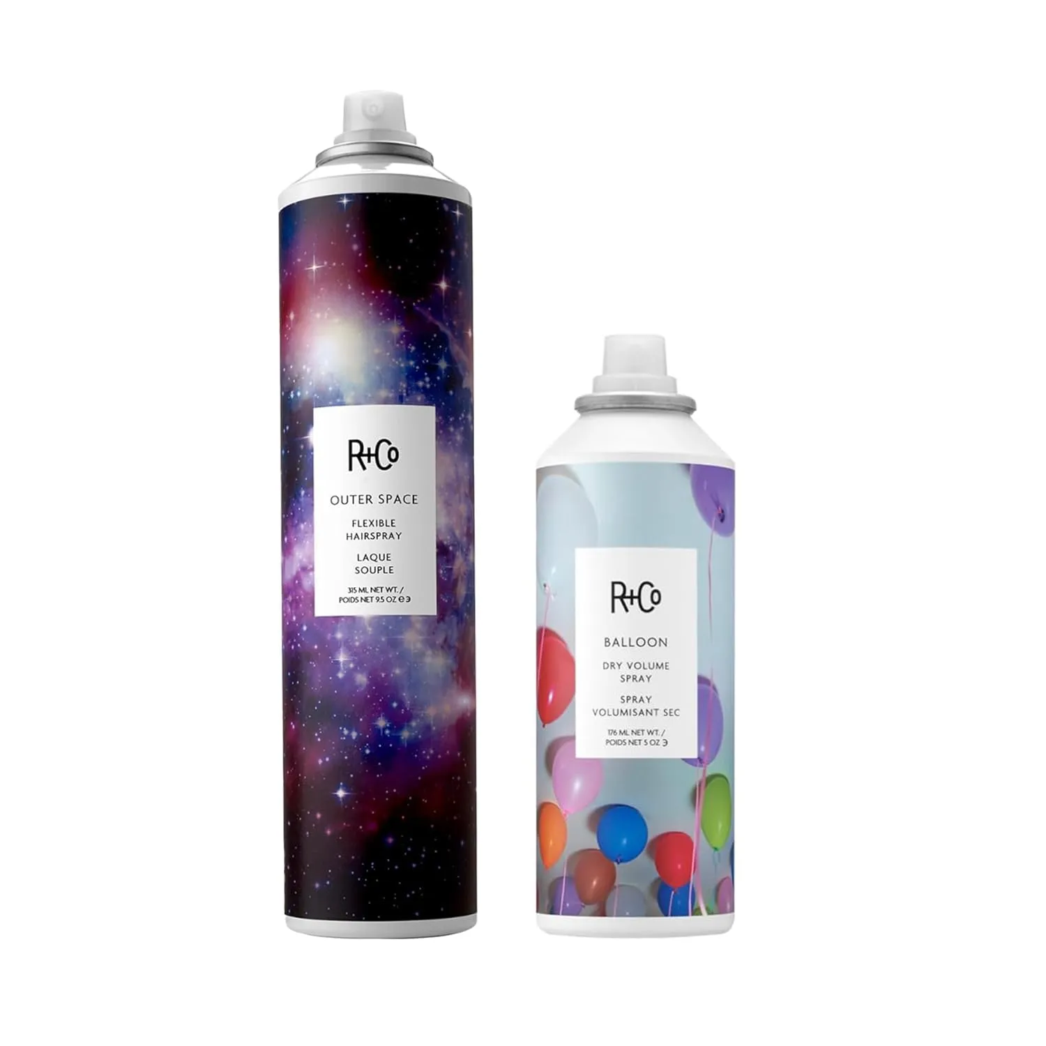 R Co Hair Spray Set for Volume and Hold | Outer Space & Balloon Hairsprays | Instant Volume and Texture | Lightweight For Long Lasting Hairstyles | Vegan   Cruelty-Free | 9.5 oz   5 oz (Pack of 2)