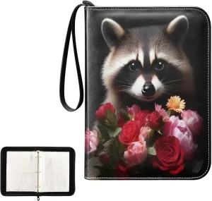 Raccoon Colorful Rose Flowers Card Binder 4 Pocket, Trading Card Holder Fits 400 Game Cards with 50 Removable Sleeves, MTG Card Case Standard Size