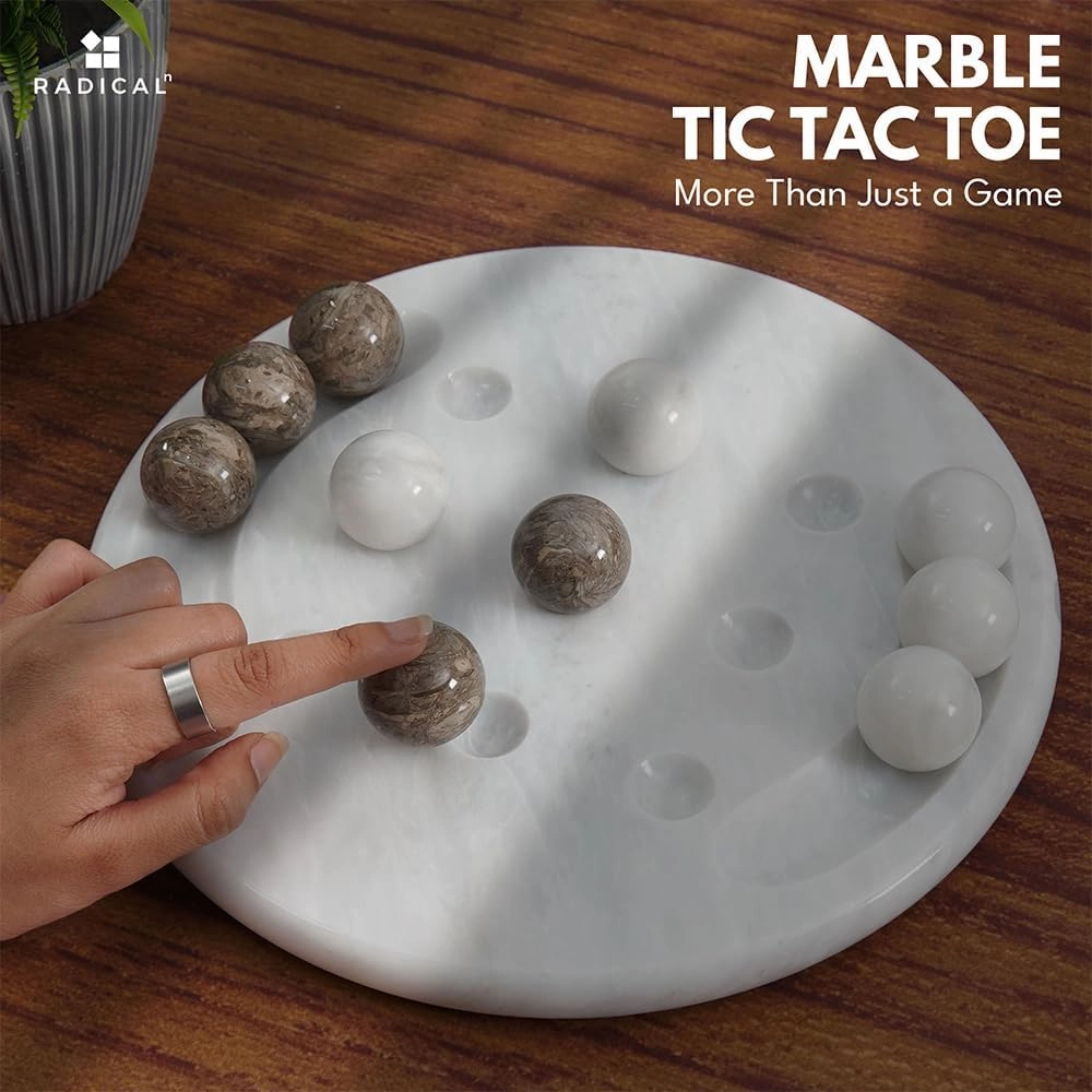 Radicaln Marble Tic Tac Toe Game 10" Inch White & Oceanic Handmade Decorative Marble Game Set Farmhouse Coffee Table Decor Ideal Family Board Games for Adults