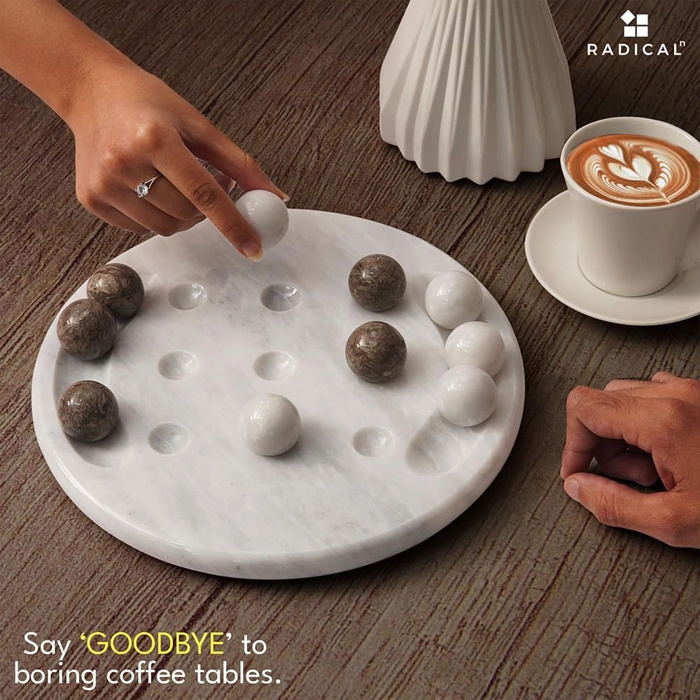 Radicaln Marble Tic Tac Toe Game 10" Inch White & Oceanic Handmade Decorative Marble Game Set Farmhouse Coffee Table Decor Ideal Family Board Games for Adults