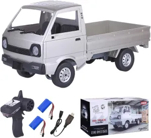 RC Pickup Truck, WPL D12 1/10 Scale 2.4Ghz Remote Control All Terrain Off Road Mini Cargo Truck with Brushed Motor, LED Headlights, 2 Batteries RTR for Adults