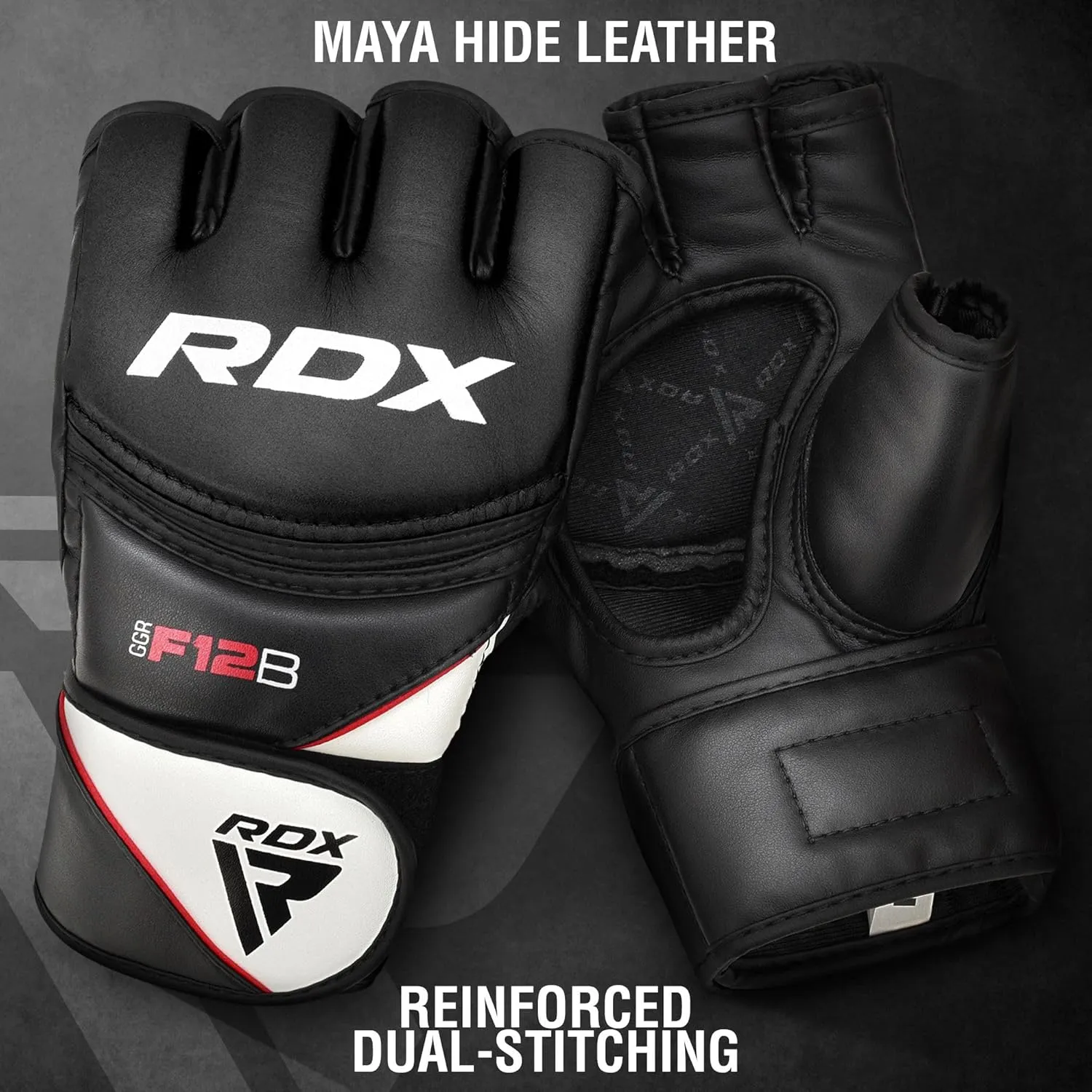 RDX MMA Gloves Grappling Sparring, Maya Hide Leather, Boxing Gloves Men Women Muay Thai Martial Arts Training, Half Finger Adjustable Mitts Wrist Support Kickboxing Cage Fighting Punching Bag Workout