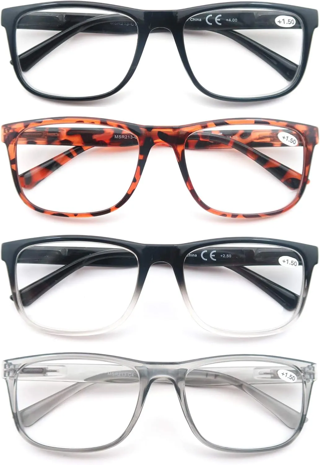 Reading Glasses 2.0 Oversized Large Square Men Readers 4 Pack,Comfort Lightweight Eyeglasses Flexible Spring Hinge