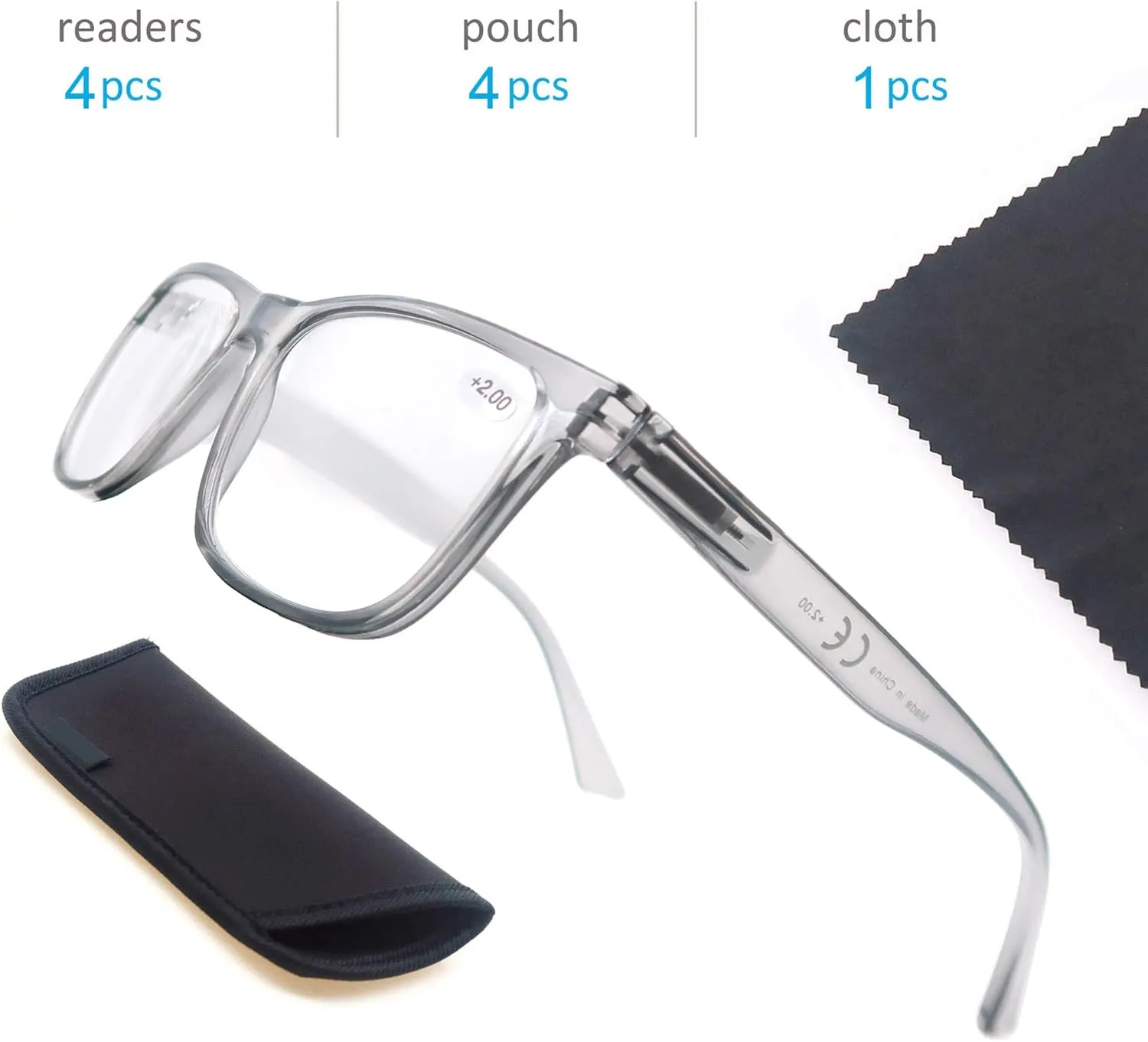 Reading Glasses 2.0 Oversized Large Square Men Readers 4 Pack,Comfort Lightweight Eyeglasses Flexible Spring Hinge