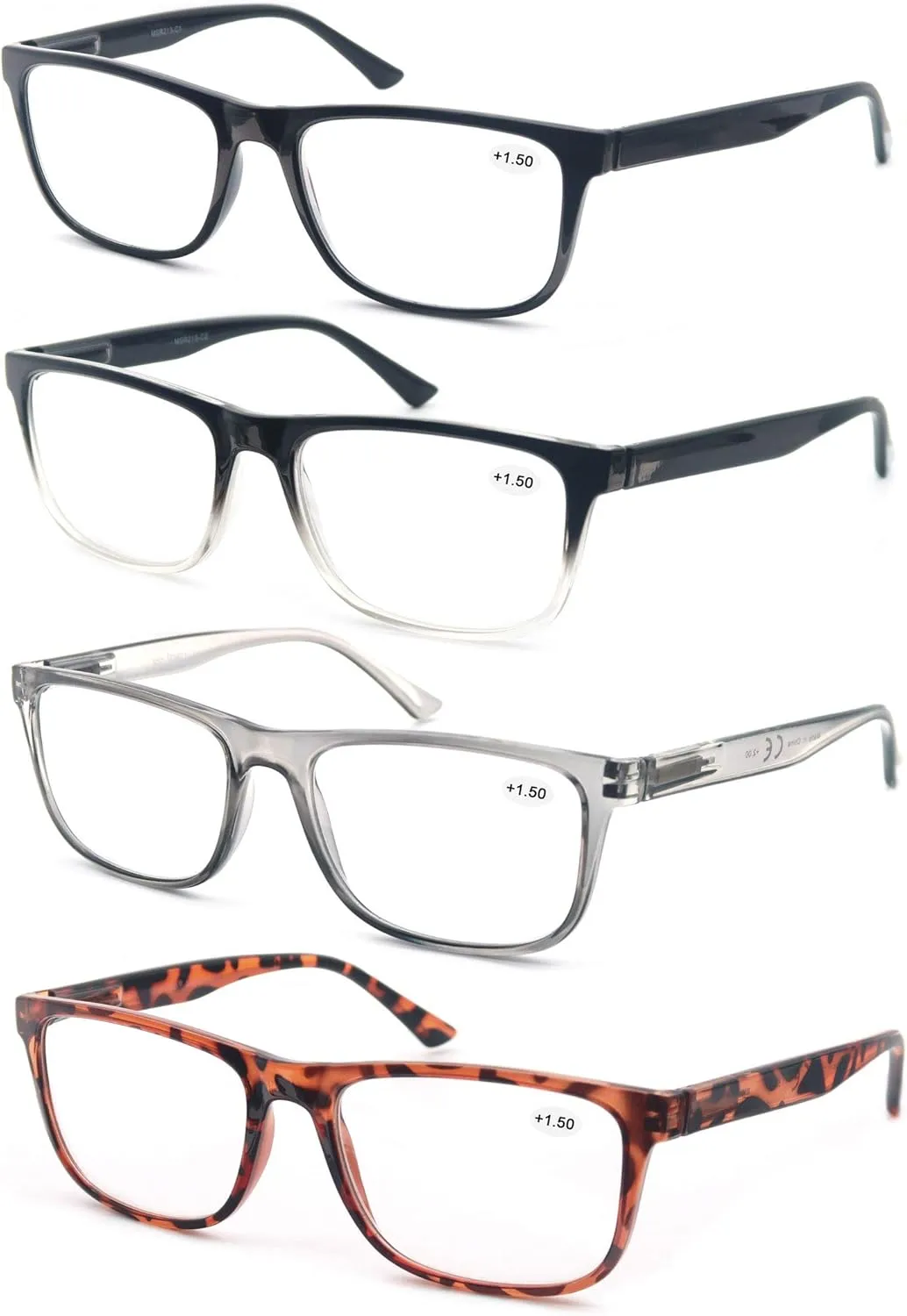 Reading Glasses 2.0 Oversized Large Square Men Readers 4 Pack,Comfort Lightweight Eyeglasses Flexible Spring Hinge