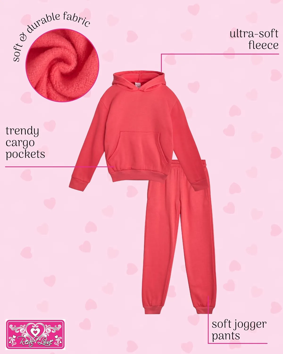 Real Love Girls' Jogger Set - 4 Piece Soft Fleece Pullover Hoodie and Jogger Pants for Toddler & Little Girls (2T-6X)