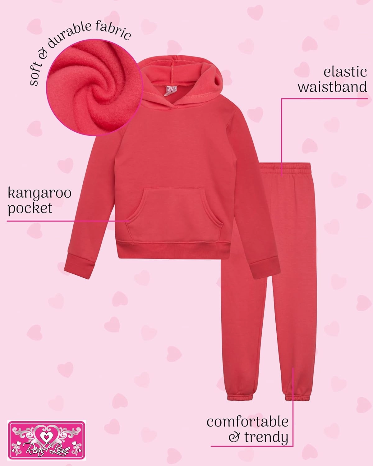 Real Love Toddler Girls' Jogger Set - 2 Piece Soft Fleece Pullover Hoodie and Jogger Pants for Little Girls (2T-6)