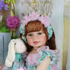 Realistic Reborn Toddler Doll-22 inch Doll with Rooted Red Hair/Green Eyes/Sweet face/Light Skin Tone with Bunny Plush with Dress -Special Birthday Gift, Ages 3  (2402215G)