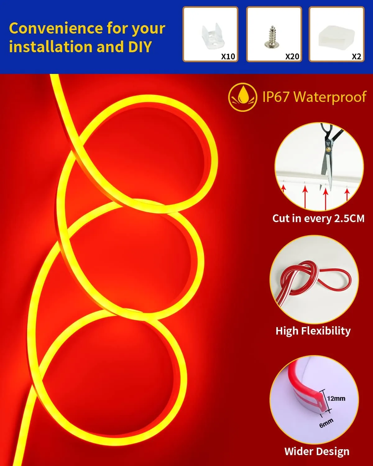 RED Neon LED Strip Light, DC 12V 600 SMD2835 LED Neon Rope Lights,Upgraded 16.4ft/5m Led Light Strips Flexible Waterproof for Indoor/Outdoors Home Decoration/DIY