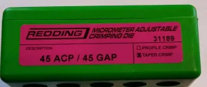 Redding Reloading 45 ACP-45 GAP Micro-Adjustable Taper Steel Crimp Die with Knurled Micrometer Barrel Type for Easy Access & Precise Adjustments (31189)