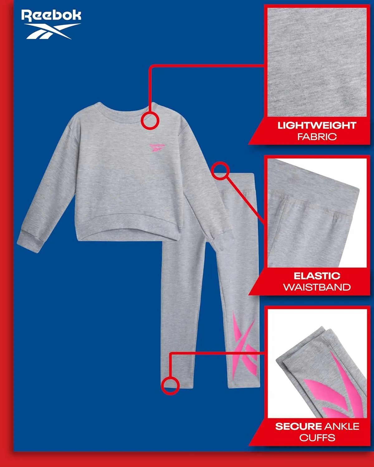 Reebok Baby Girls Pants Set - 2 Piece Cozy Fleece Crewneck Sweatshirt and Girls Leggings for Toddlers and Little Kids (2T-6X)