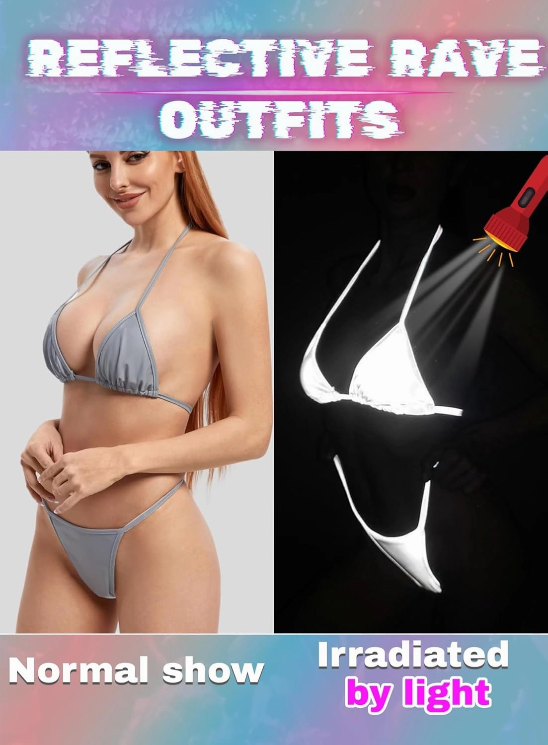 Reflective Rave Outfits for Women - Sexy Shiny Festival Halter Triangle Top Thong EDM Night Metallic Bikini Set