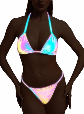 Reflective Rave Outfits for Women - Sexy Shiny Festival Halter Triangle Top Thong EDM Night Metallic Bikini Set