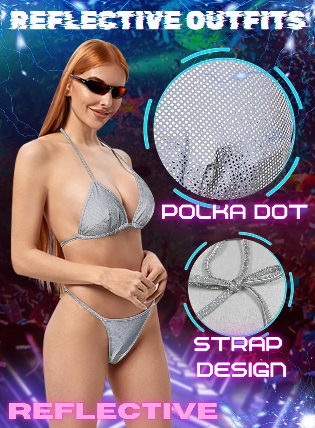 Reflective Rave Outfits for Women - Sexy Shiny Festival Halter Triangle Top Thong EDM Night Metallic Bikini Set