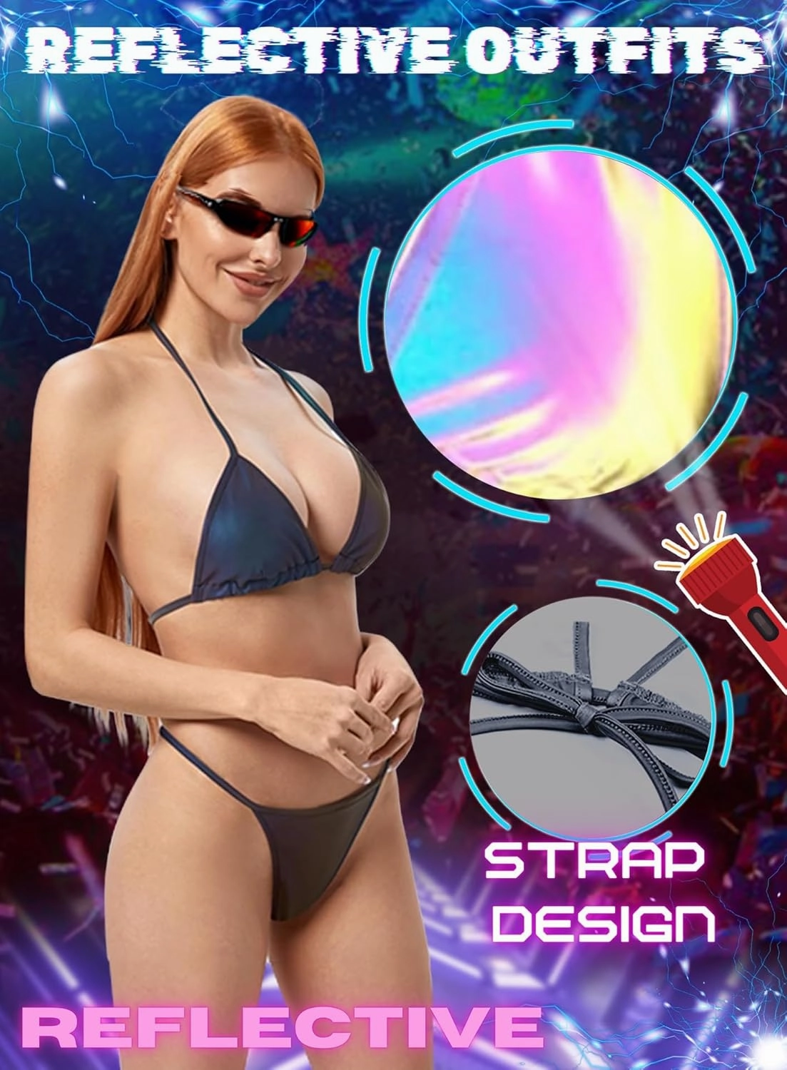 Reflective Rave Outfits for Women - Sexy Shiny Festival Halter Triangle Top Thong EDM Night Metallic Bikini Set