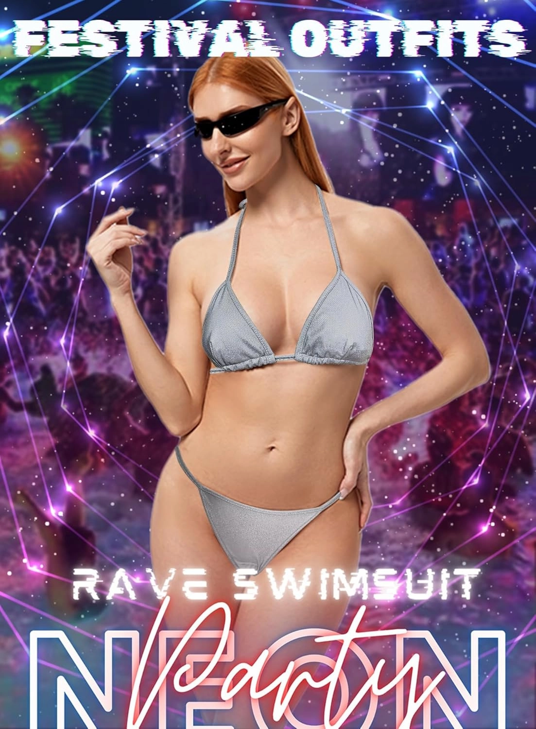Reflective Rave Outfits for Women - Sexy Shiny Festival Halter Triangle Top Thong EDM Night Metallic Bikini Set